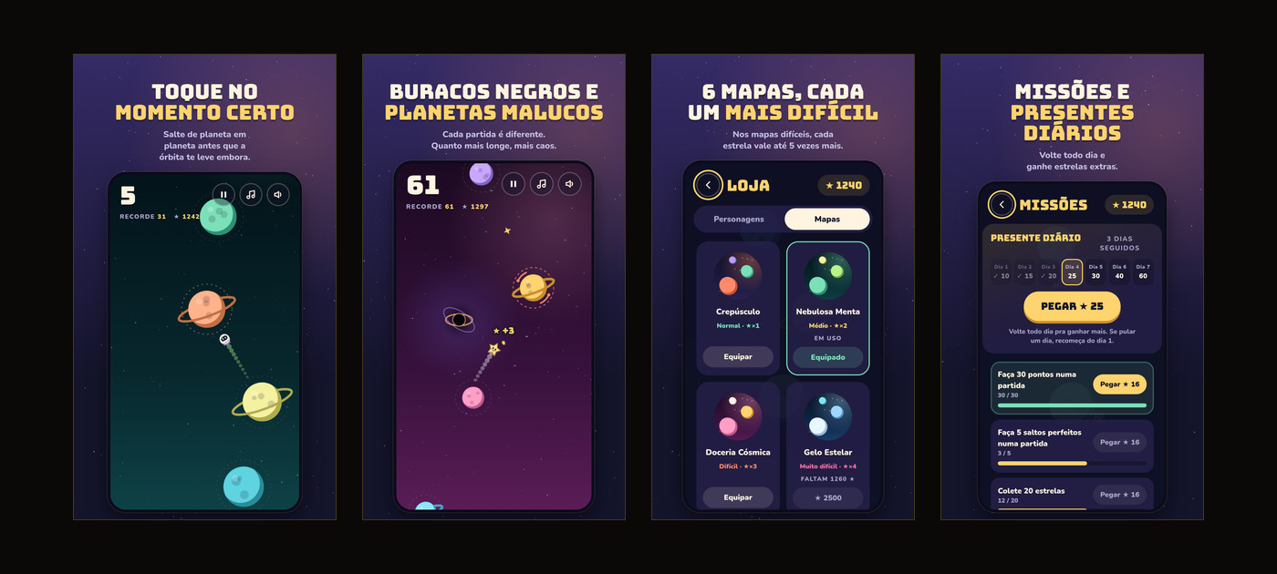 Quatro telas do jogo Cosmo Skip: partida, mapa com buraco negro, loja de mapas e missões.