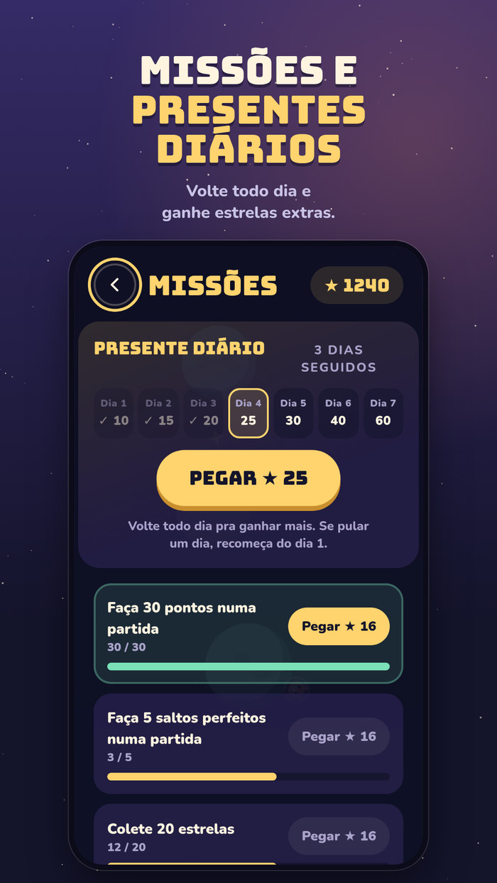 Tela de missões e presente diário do Cosmo Skip.